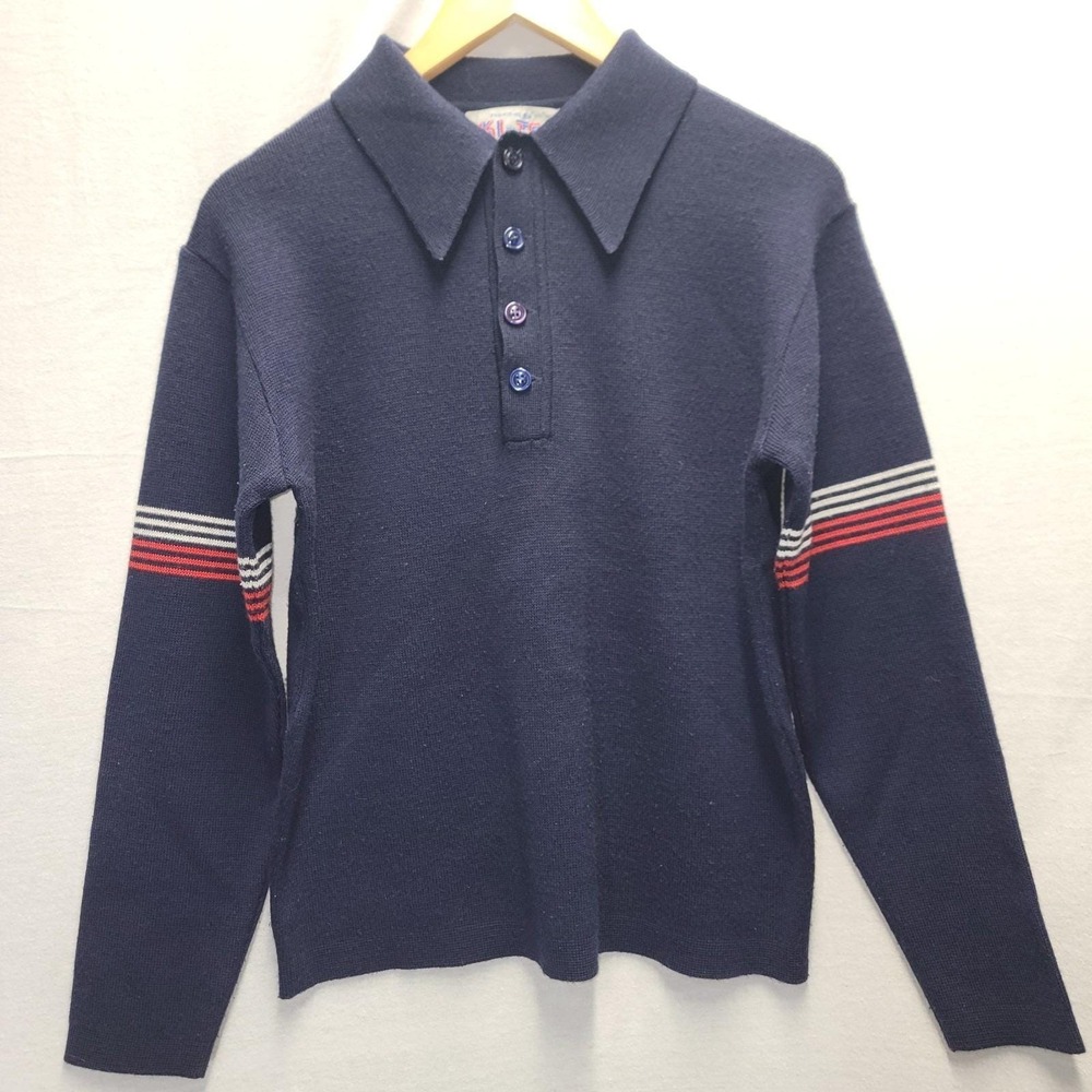 Vtg 60s Ski Sweater Mens M Tight Fit Navy Blue Polo Collar Striped Acrylic  Wool